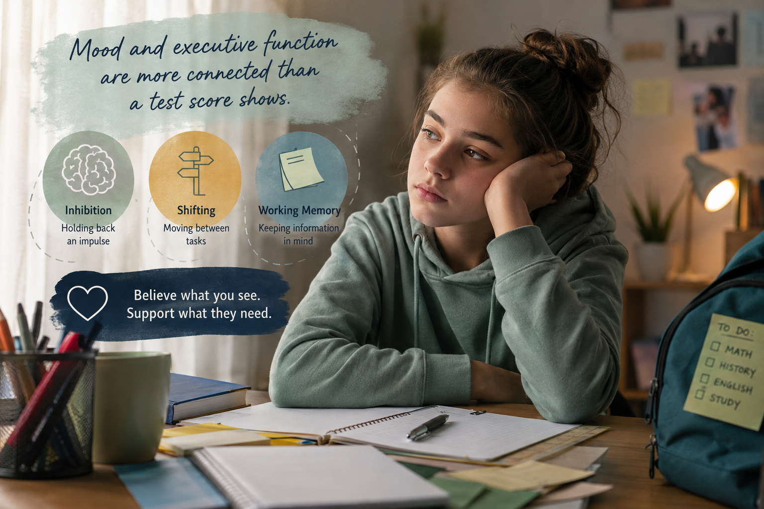 A teenager looking overwhelmed at a desk covered with schoolwork